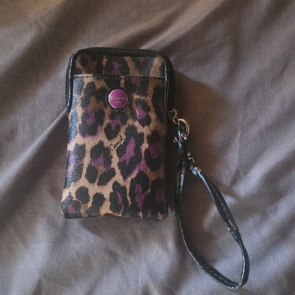 Leopard Print Phone Wristlet with Purple Accents